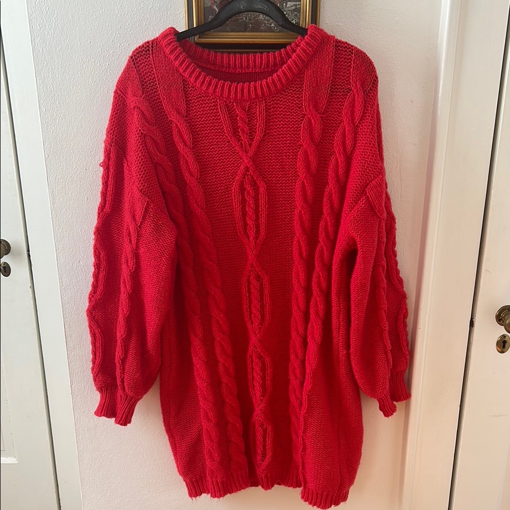 Cozy Hot Pink Hand Woven Red Cable Knit Sweater/Dress